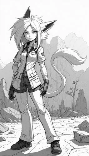 desert fox,boktai,megatokyo,adventurer,wasteland,jubei,Design Sketch,Design Sketch,Detailed Outline