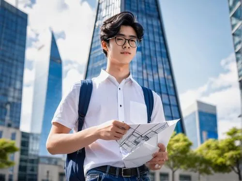 Architecture student, senior high school, male, 18yo, messy black hair, black-rimmed glasses, casual wear, white shirt, dark blue jeans, sneakers, backpack, holding a blueprint, standing in front of a