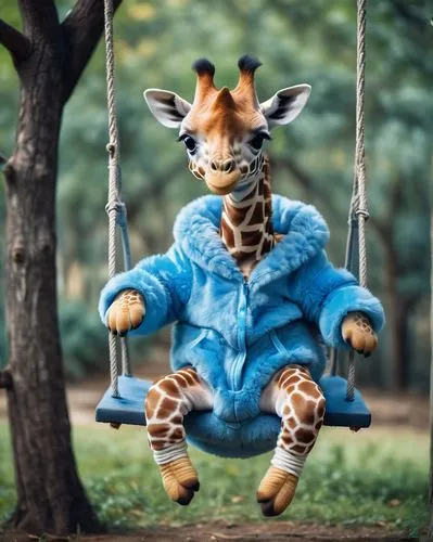 A cute little giraffe in blue fluffy onesie payama sits on a swing hanging from a tree.,wildpark poing,anthropomorphized animals,whimsical animals,animals play dress-up,giraffidae,swing set,child in p