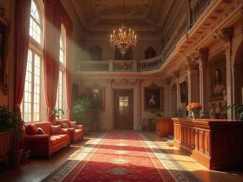 Renaissance-style student hall, grand staircase, ornate railings, elegant chandeliers, luxurious red carpet, tall ceilings, large windows, soft natural light, warm beige walls, intricately carved wood