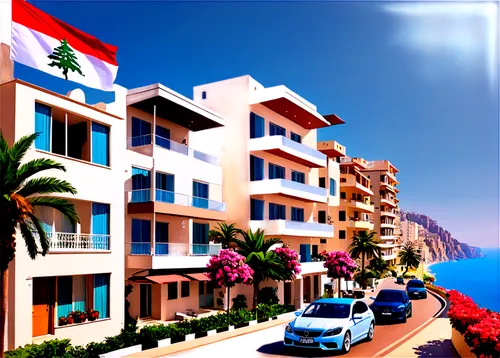 Beirut cityscape, sunny day, blue sky, white buildings, balconies with flowers, Lebanese flag, seaside promenade, palm trees, luxury cars, 3/4 composition, shallow depth of field, warm color tone, cin