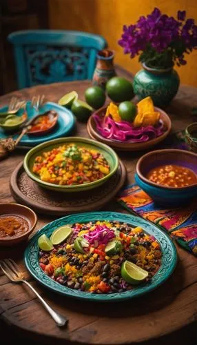 Vibrant guajolote macías, traditional Mexican dish, colorful ceramic plate, ornate wooden table, warm lighting, intimate dinner setting, romantic evening, soft focus, shallow depth of field, festive a