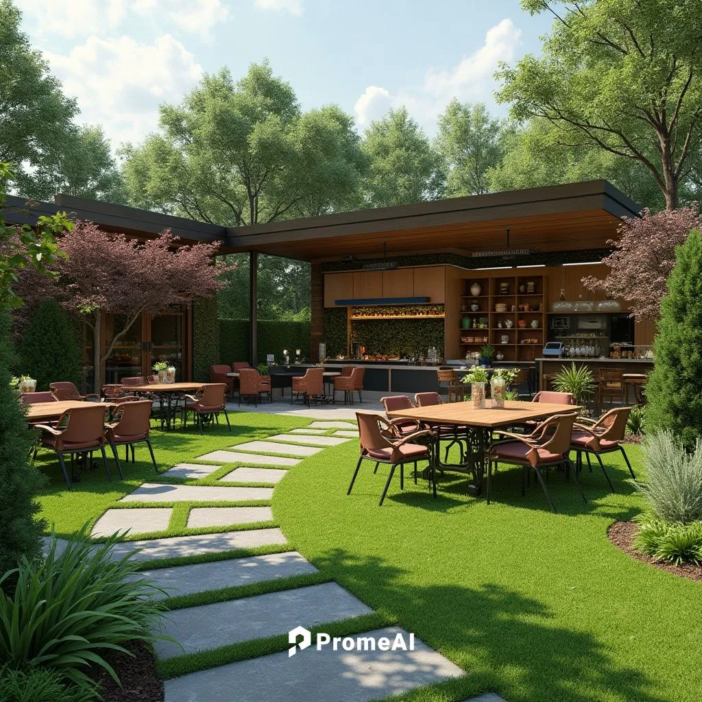 a lawn of 3000-sq-feet , design a food resturen and sittings , creating some new idea of food business


,outdoor patios and seating are featured in a 3d image,3d rendering,landscape design sydney,gol