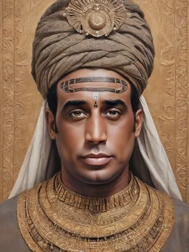 The intricate details of a unique portrait depict a majestic North African man with piercing eyes and muscular arms and he has a rugged demeanor. The painting is an intricate and captivating piece tha