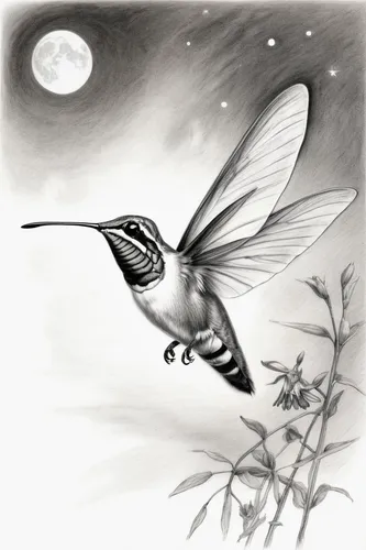 Compose a poem about the graceful flight of a hummingbird hawkmoth in the moonlight.,humming bird moth,humming bird,bird illustration,nocturnal bird,hummingbird,warble flies,humming birds,ruby-throate