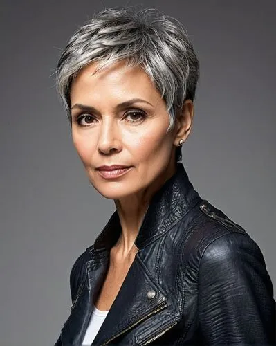 silver fox,pixie cut,birce akalay,grey fox,leather jacket,aging icon,short blond hair,female doctor,kosmea,mags,woman in menswear,loukamades,female hollywood actress,pixie-bob,catarina,orlova chuka,lisbeth sao,rhonda rauzi,asymmetric cut,natural cosmetic,Illustration,Realistic Fantasy,Realistic Fantasy 12