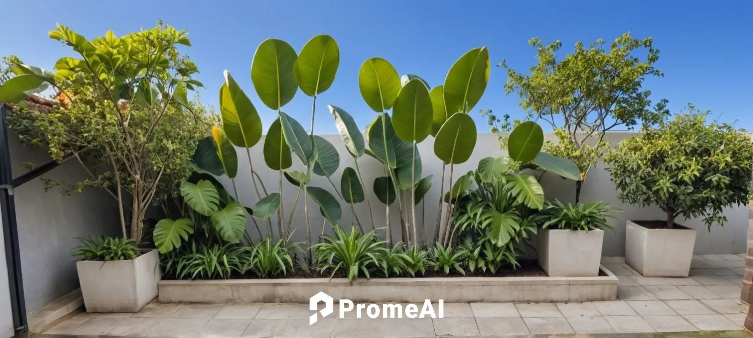 Plant arrangement for garden align with the white wall. background should be only cleared sky. rock tiles at the floor. 2 cement  square plant pots with karanda tree species. another pot is with guava