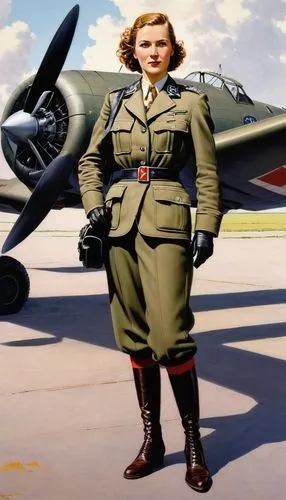 Show me a typical German aviatrix from the 1930s in front of a typical German aircraft fro the 1930s,aviatrix,1940 women,wladimiroff,usaaf,heinkel,troszyn,zetterlund,a uniform,earhart,servicewoman,mes