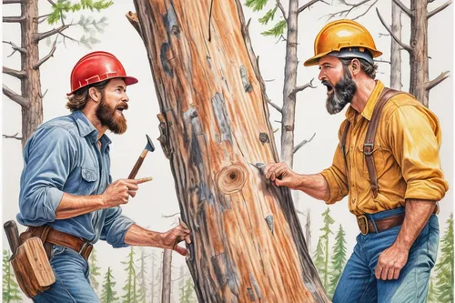 Create a humorous dialogue between two lumberjacks arguing about the best way to fell a tree.,forest workers,lumberjack pattern,logging,arborist,tree pruning,yellow pine,hokka tree,western yellow pine