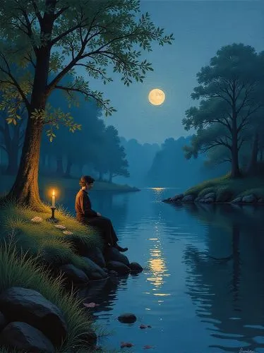 romantic scene,fisherman,night scene,moonlit night,fantasy picture,nasmith