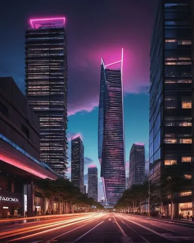 Modern ADC architectural design, futuristic skyscraper, sleek lines, metallic materials, glass façade, neon lights, cityscape at dusk, busy streets, urban atmosphere, 3/4 composition, low-angle shot, 