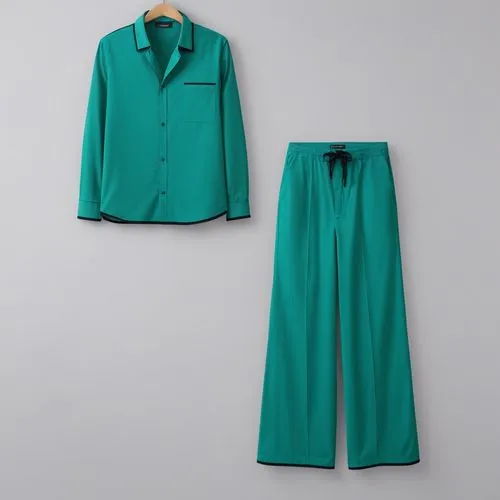 change the color for the shirt and pant to black ,the top half of a green suit is hanging on a hanger,placket,women's clothing,menswear for women,ladies clothes,women clothes,abayas,Photography,Genera