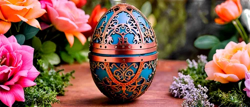 Easter egg, decorated, colorful, shiny surface, intricate designs, patterns, glitter, pastel colors, surrounded by flowers, greenery, solo, still life, soft focus, warm lighting, 3/4 composition, shal