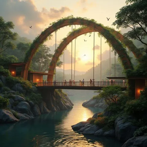 Savanna-inspired bridge designs, futuristic, curved lines, steel arches, wooden accents, vines entwined columns, lush greenery, exotic flowers, subtle LED lighting, misty atmosphere, sunset warm tones