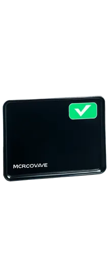 Microwave oven safe sign, white background, green checkmark, bold black outline, rounded rectangle shape, glossy finish, reflective surface, slight shadow, 3/4 composition, softbox lighting, high cont