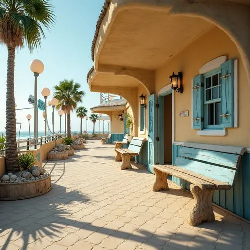 Seaside tram station, beach-themed architecture, curved waves-inspired roof, sandy beige walls, ocean-blue accents, driftwood benches, nautical rope handrails, shell-shaped lamps, tropical plants, pal