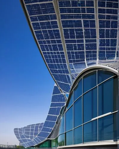 Modern building, BIPV (Building-Integrated Photovoltaics), futuristic architecture, China, urban cityscape, sleek glass façade, curved lines, metallic frames, solar panels integrated into walls and ro