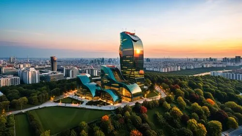 a futuristic office building with flowing lines of glass and steel stretches out into the lush green lush park, surrounding a sparkling skyscraper of vibrant flowers and towering skyscrapers. The sun 