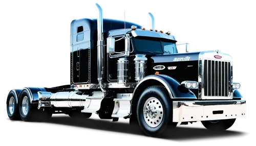 Peterbilt 389, 18-wheel semi-truck, solo, daytime, highly detailed chrome accents, shiny black paint job, custom decals, large side mirrors, exhaust pipes, steps and handrails, worn tires, alloy wheel