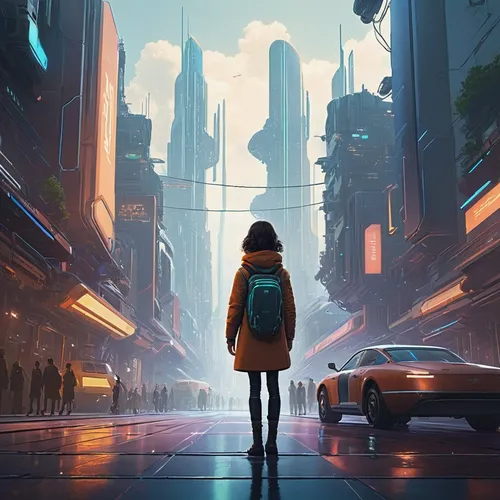 Create a heartwarming story about an AI girl who discovers the beauty of friendship in a futuristic city.,metropolis,pedestrian,cyberpunk,futuristic,girl walking away,futuristic landscape,cityscape,sc