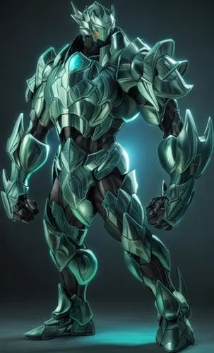 a humanoid warrior in green and blue metal armor,cleanup,steel man,iron,3d man,argus,destroy,butomus,ora,patrol,armored,wall,leopard's bane,3d model,high volt,skordalia,rein,malachite,armor,sigma,elec