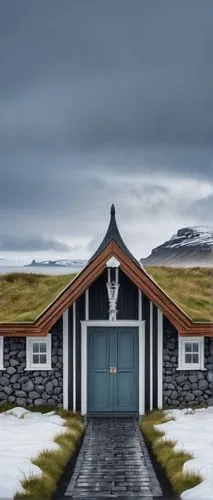 Icelandic architecture, Nordic style, turf roof, wooden door, stone walls, grass-covered roof, modern design, Reykjavik, snow-capped mountains, foggy atmosphere, misty morning, dramatic cloudy sky, va