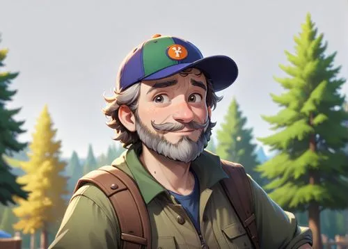 A 45 year old man, he is a forester, he is wearing an orange cap with a logo on it, his beard is chesnuts colored, he is wearing forester clothes green and brown colored, he has a few rickles on his f