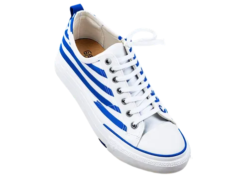 White sneakers, casual wear, lace-up, soft fabric, rubber sole, chunky heel, vibrant blue stripes, metallic eyelets, worn-out look, creases on toe cap, 3/4 composition, natural light, shallow depth of