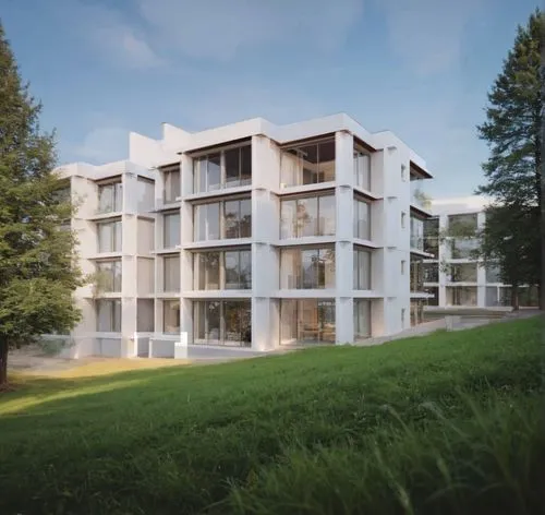 grass and trees
,the building is very white and has lots of windows,plattenbau,passivhaus,europan,progestogen,appartment building,maisonettes