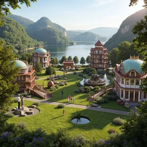 rivendell,frederic church,neverland,naboo,ecotopia,fairy tale castle,arcadia,citadels,fantasy world,fantasy city,fantasy landscape,mountain settlement,terraformed,elves country,escher village,fairy village,fairyland,3d fantasy,fairytale castle,ecovillages