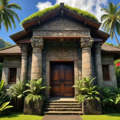 Manoa architecture, ancient Hawaiian temple, stone structure, intricate carvings, tropical plants surrounding, palm trees, hibiscus flowers, sunny day, clear blue sky, few white clouds, warm lighting,