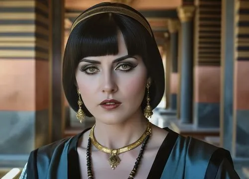 ancient priestess with bangs and short black hair dressed in expensive ancient tunique with jewelry in ancient temple,a woman wearing fancy jewelry with a gold - tone necklace,cleopatra,phryne,estess,