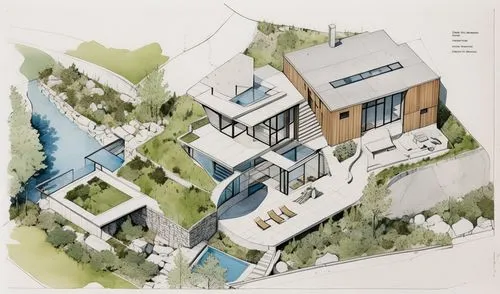 done in SP+A style architecture,an architectural rendering shows a home and its surroundings,cohousing,passivhaus,house drawing,fallingwater,cantilevers,architect plan,Unique,Design,Blueprint