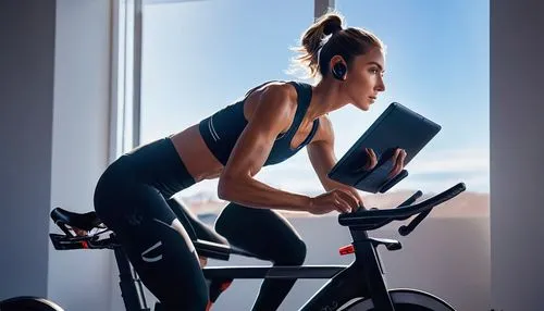 Peloton bike, sleek design, high-tech interface, modern home gym, indoor cycling, fitness enthusiast, athletic woman, fit physique, sporty outfit, yoga pants, fitted tank top, ponytail, earbuds, inten