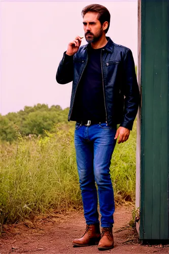 Mature man, smoking, serious face, thick beard, messy brown hair, leather jacket, white shirt, blue jeans, boots, standing, relaxed pose, outdoor setting, soft natural light, warm color tone, shallow 