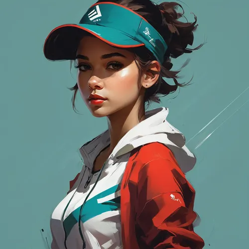 Girl in sportswear, youthful, wearing a hat，by Cory Loftis,vector girl,sports girl,puma,golfer,girl wearing hat,teal and orange,girl portrait,teal,digital painting,cyan,study,sporty,retro girl,turquoi