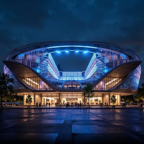 Futuristic stadium, asymmetrical facade, dynamic curves, cantilevered structures, sleek metal cladding, LED light installations, transparent glass walls, angular lines, minimalist design, modernist ar