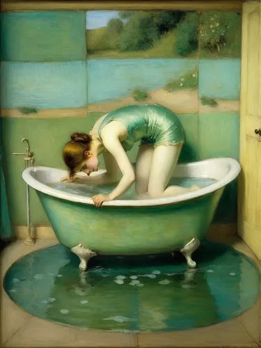 Bathing beauty. Let the motif appear as a French impressionist painting as if it had been painted by Edgar Degas.,an artistic painting of a woman in a bath tub,the girl in the bathtub,heatherley,godwa