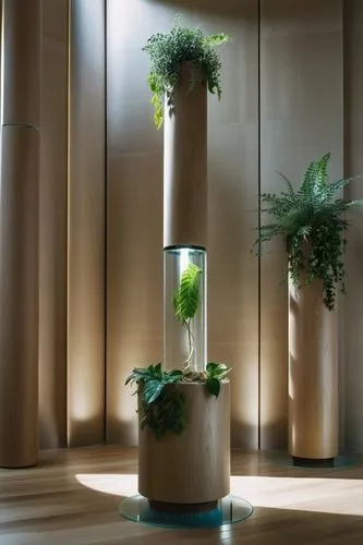 Brown wooden columns, plants reflected in white glass tubes in the middle of the columns, indirect lighting at the bottom of the wooden columns,ikebana,hanging plants,wooden flower pot,container plant