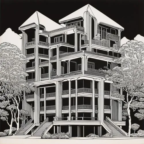 seidler,archigram,docomomo,habitat 67,corbu,lasdun,eisenman,karchner,cantilevers,escher,hejduk,block of flats,eichler,neutra,condominia,condominium,rietveld,cantilevered,mansard,cubic house,Illustration,Black and White,Black and White 19