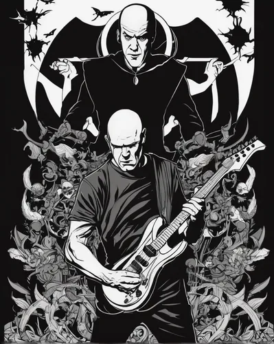 monks,carpathian,shinigami,dance of death,monk,death god,guitar player,guitar solo,underworld,death's-head,duality,blackmetal,hym duo,shaolin kung fu,wing chun,benedictine,rock music,priest,equilibrium,guitars,Illustration,Vector,Vector 11