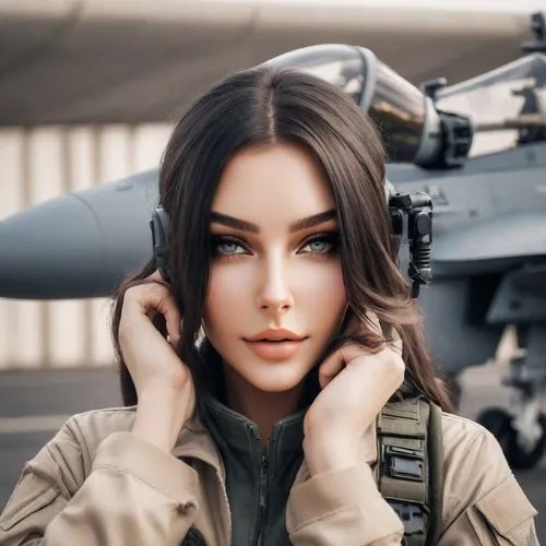 model headshot，Women's Fashion，
American Minimalism,woman in military jacket posing with an airplane,israeli,idf,usaf,kuzmina,bomber,zofia,Photography,Natural