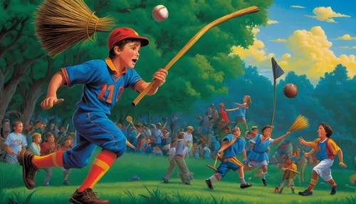 the pied piper of hamelin,quarterstaff,bat-and-ball games,juggling club,javelin throw,stick and ball sports,pied piper,basque rural sports,hurling,youth sports,broomstick,frisbee golf,traditional sport,golfers,disc golf,wiffle ball,stick and ball games,robin hood,rope skipping,croquet,Illustration,Retro,Retro 14