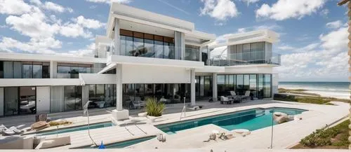 Nestled along the coastline of Florida, a breathtakingly beautiful White 21 century style House Style  commands a panoramic view of the ocean, and large waves, perched majestically on the edge of impo