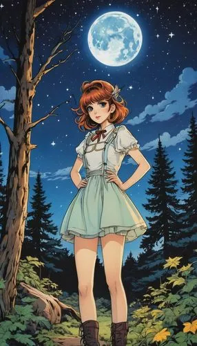 mikuru asahina,country dress,moon and star background,lunar,moon boots,anime japanese clothing,euphonium,violinist violinist of the moon,moonlit night,moonlit,moon shine,luna,fae,stars and moon,clear night,studio ghibli,moon night,forest clover,jupiter moon,mari makinami,Illustration,Realistic Fantasy,Realistic Fantasy 10