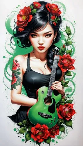 painted guitar,viveros,chicana,tattoo girl,psychobilly,rockabilly style,rockabilly,guitarra,chicanas,lady rocks,guitare,epiphone,guitar,rock music,rock chick,guitar player,chicano,flamenca,hedge rose,tattooist,Conceptual Art,Fantasy,Fantasy 03