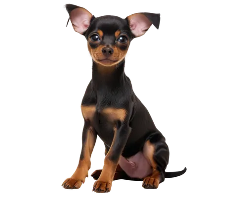 black and tan fur, miniature Pinscher puppy, cute face, floppy ears, big brown eyes, tiny nose, soft whiskers, short legs, curly tail, sitting, playful, innocent, morning sunlight, warm lighting, shal