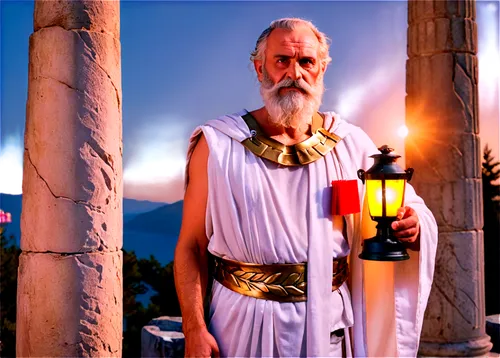 Enlightenment image, ancient Greek philosopher, old man, long white beard, wise eyes, worn toga, laurel wreath, holding a lantern, standing in front of a stone column, warm sunset lighting, 3/4 compos