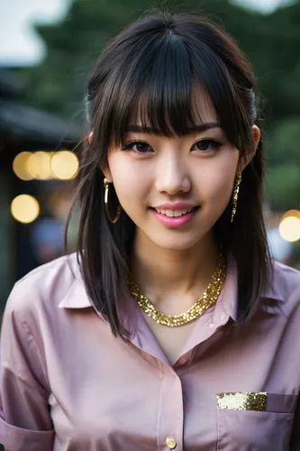 photo of a pretty slightly smiling and flirtatious Japanese girl sticking her forked tongue out, with long dark hair with pink tips and straight bangs with subtle makeup and sparking brown eyes wearin