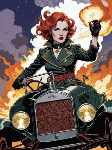 Comic drawing in the style of Roy Lichtenstein: Mrs. Clara Jane Ford is at the center of the action. She is driving a Ford (Model T) through a Texan landscape, its dark green paint reflecting the brig